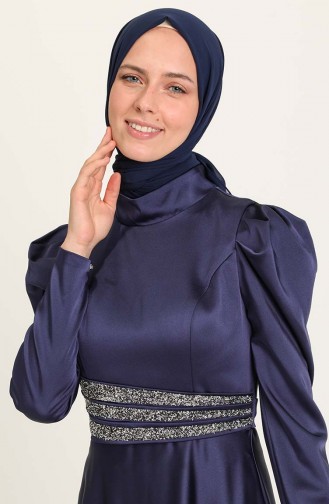 Navy Blue Hijab Evening Dress 4954-02