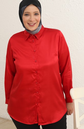 Büyük Beden Saten Bayan Gömlek 3609-04 Kırmızı