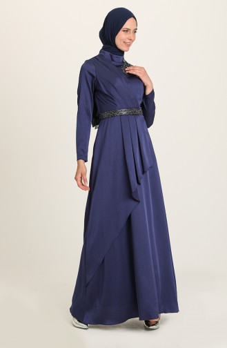 Navy Blue Hijab Evening Dress 4947-03