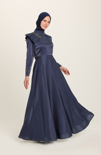 Navy Blue Hijab Evening Dress 4955-03