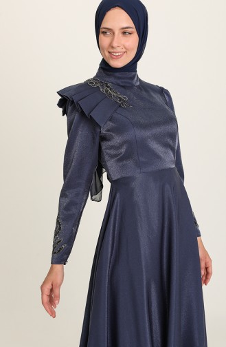 Navy Blue Hijab Evening Dress 4955-03