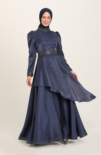 Navy Blue Hijab Evening Dress 4957-01