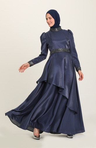 Navy Blue Hijab Evening Dress 4957-01