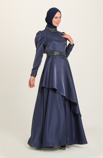 Navy Blue Hijab Evening Dress 4957-01