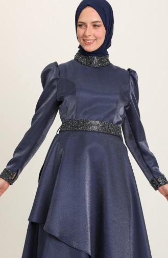 Navy Blue Hijab Evening Dress 4957-01