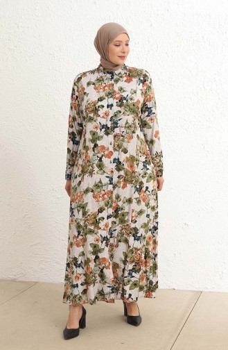 Büyük Beden Çiçek Desenli Viskon Elbise 4479B-01 Haki