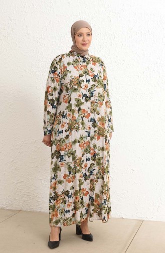 Büyük Beden Çiçek Desenli Viskon Elbise 4479B-01 Haki