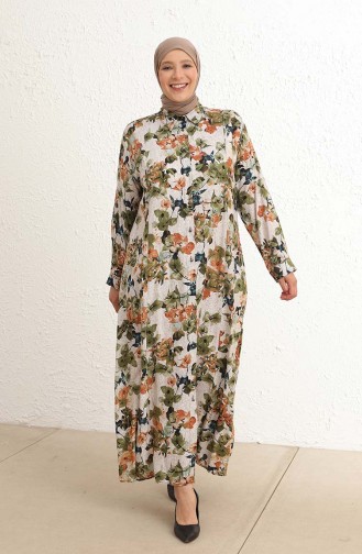 Büyük Beden Çiçek Desenli Viskon Elbise 4479B-01 Haki