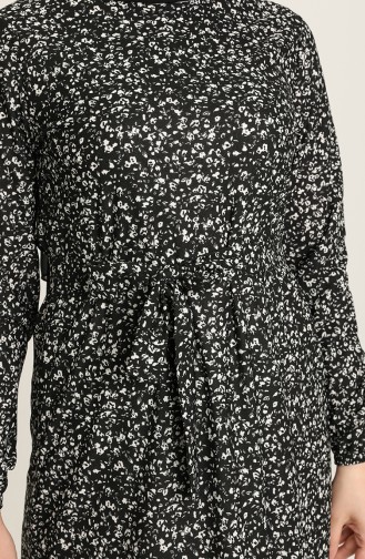 Çiçek Desenli Kuşaklı Elbise 1777-02 Siyah