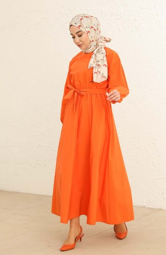 Yarasa Kol Kuşaklı Elbise 2289-03 Oranj