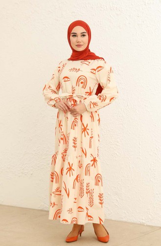 Desenli Keten Elbise 2334-01 Oranj