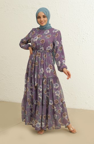 Eteği Fırfırlı Çiçek Desenli Şifon Tesettür Elbise 4051-01 Lila