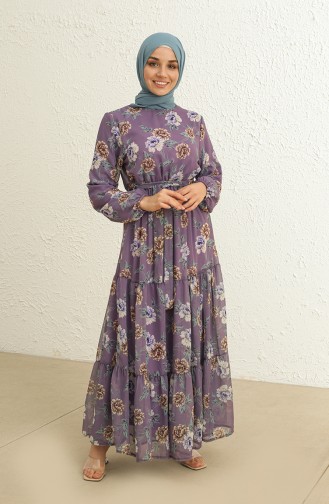 Eteği Fırfırlı Çiçek Desenli Şifon Tesettür Elbise 4051-01 Lila
