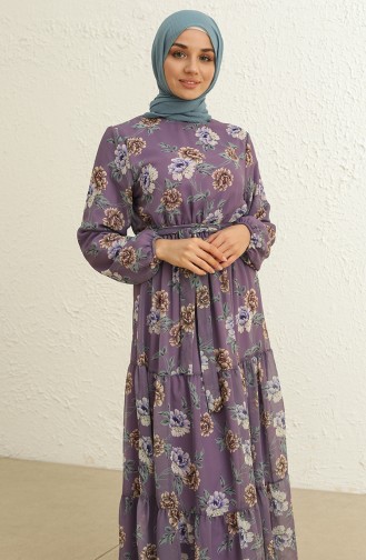 Eteği Fırfırlı Çiçek Desenli Şifon Tesettür Elbise 4051-01 Lila