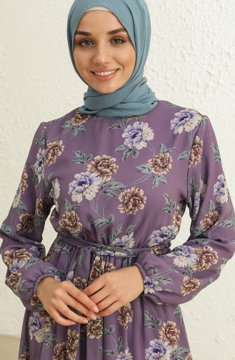 Eteği Fırfırlı Çiçek Desenli Şifon Tesettür Elbise 4051-01 Lila