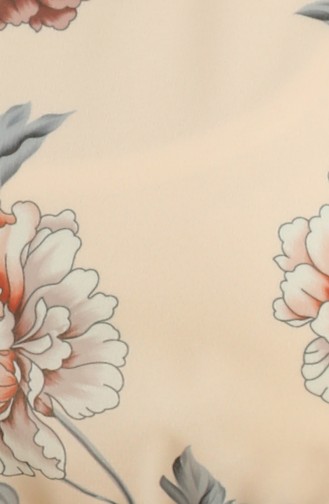 Eteği Fırfırlı Çiçek Desenli Şifon Tesettür Elbise 4051-02 Krem