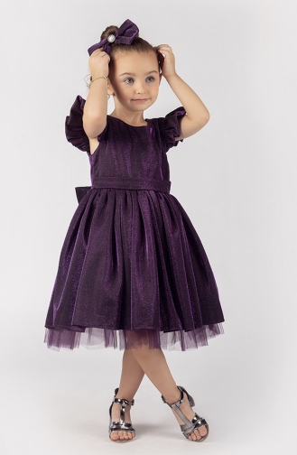 Parlak Kumaş Kız Çocuk Abiye Elbise PMDSMY43C-02 Mor