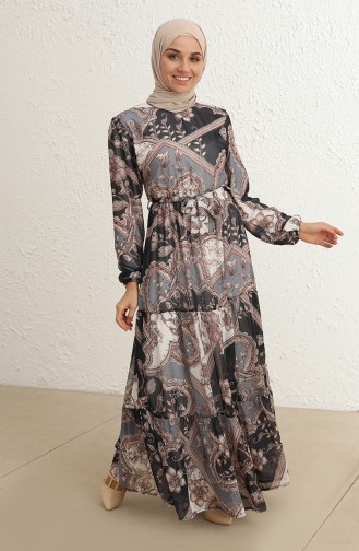 Eteği Fırfırlı Desenli Şifon Tesettür Elbise 1051-01 Siyah