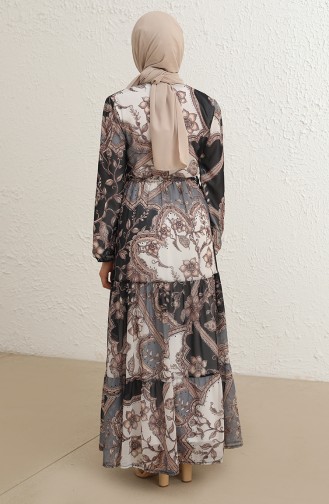 Eteği Fırfırlı Desenli Şifon Tesettür Elbise 1051-01 Siyah