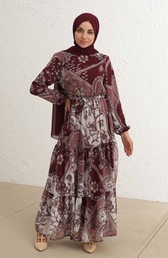Eteği Fırfırlı Desenli Şifon Tesettür Elbise 1051-02 Bordo