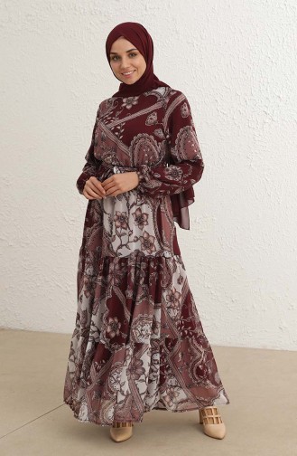 Eteği Fırfırlı Desenli Şifon Tesettür Elbise 1051-02 Bordo