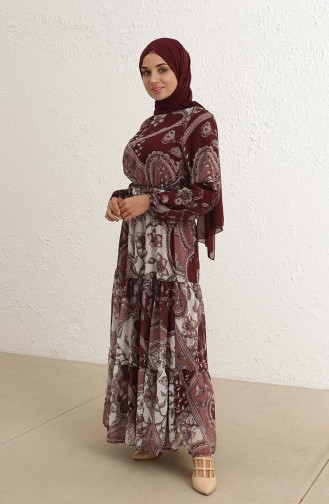 Eteği Fırfırlı Desenli Şifon Tesettür Elbise 1051-02 Bordo