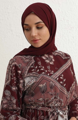 Eteği Fırfırlı Desenli Şifon Tesettür Elbise 1051-02 Bordo