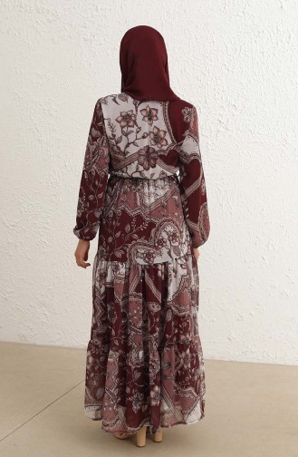 Eteği Fırfırlı Desenli Şifon Tesettür Elbise 1051-02 Bordo