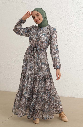 Eteği Fırfırlı Şal Desenli Şifon Tesettür Elbise 2051-01 Mavi