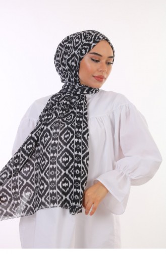 Tülbent Şal Siyah Beyaz Kilim Desenli