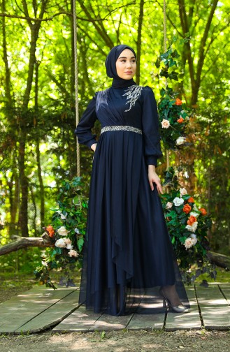Navy Blue Hijab Evening Dress 4940-03