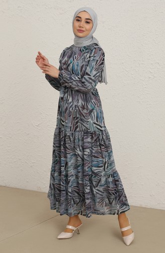 Eteği Fırfırlı Desenli Şifon Tesettür Elbise 5051-02 Mavi
