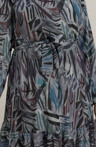 Eteği Fırfırlı Desenli Şifon Tesettür Elbise 5051-02 Mavi