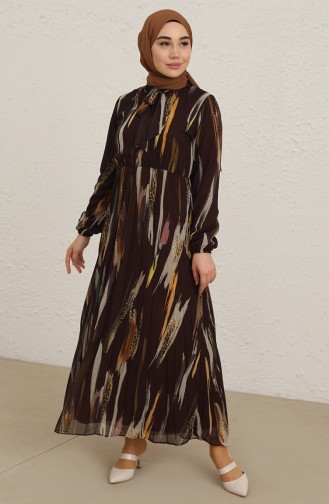 Eteği Piliseli Şifon Tesettür Elbise 6051-01 Kahverengi