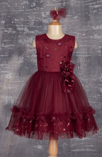 Çiçek İşlemeli Kız Çocuk Abiye Elbise- Tokalı TVD2318C-02 Bordo