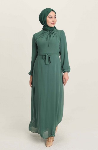 Kuşaklı Şifon Abiye Elbise 5674-13 Yeşil