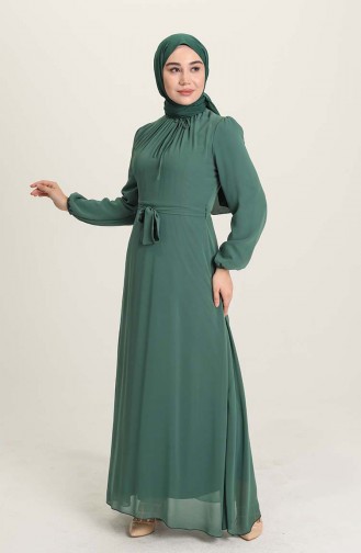 Kuşaklı Şifon Abiye Elbise 5674-13 Yeşil