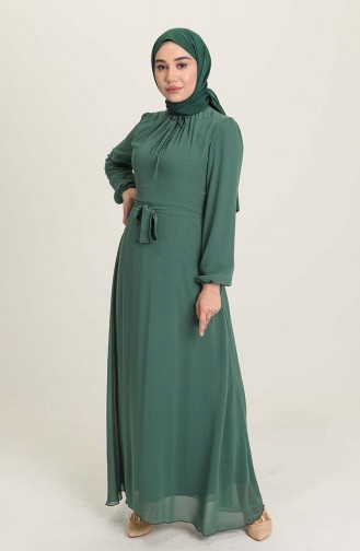 Kuşaklı Şifon Abiye Elbise 5674-13 Yeşil