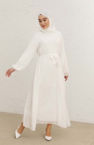 Kuşaklı Şifon Elbise 0220-06 Beyaz