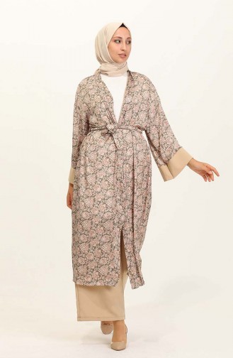 Desenli Abaya Pantolon İkili Takım 0124-01 Bej