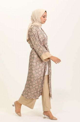 Desenli Abaya Pantolon İkili Takım 0124-01 Bej