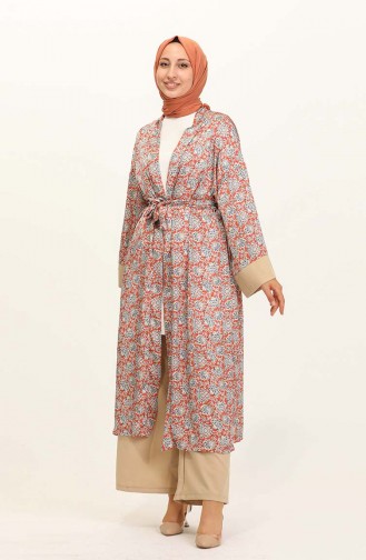 Desenli Abaya Pantolon İkili Takım 0124-03 Taba