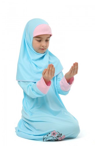 Desenli Çocuk Namaz Elbisesi 0100-03 Turkuaz