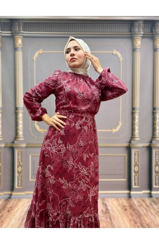Claret Red Hijab Dress 8003-02