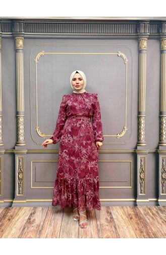 Claret Red Hijab Dress 8003-02