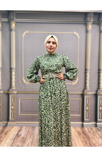 Grün Hijab Kleider 8050-02