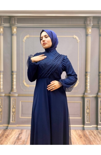 Navy Blue Hijab Evening Dress 2354-03