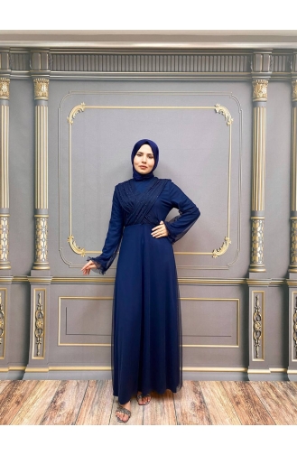 Navy Blue Hijab Evening Dress 2354-03