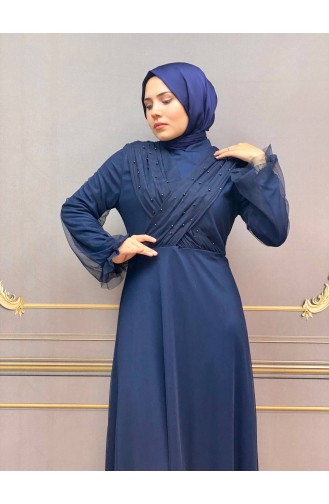 Navy Blue Hijab Evening Dress 2354-03