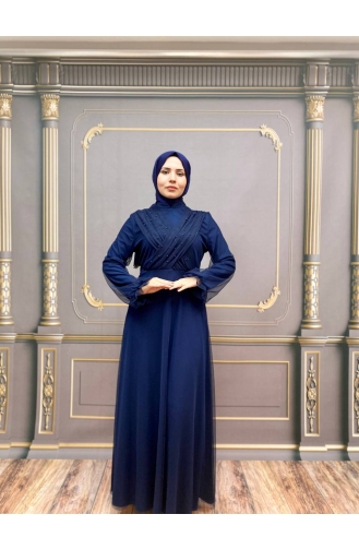 Navy Blue Hijab Evening Dress 2354-03
